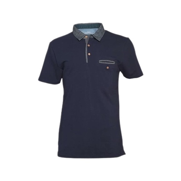 Firetrap Mens Boston Polo Indigo XL Navy Blue Chambray Cotton Sleeve Button Down - Picture 1 of 10